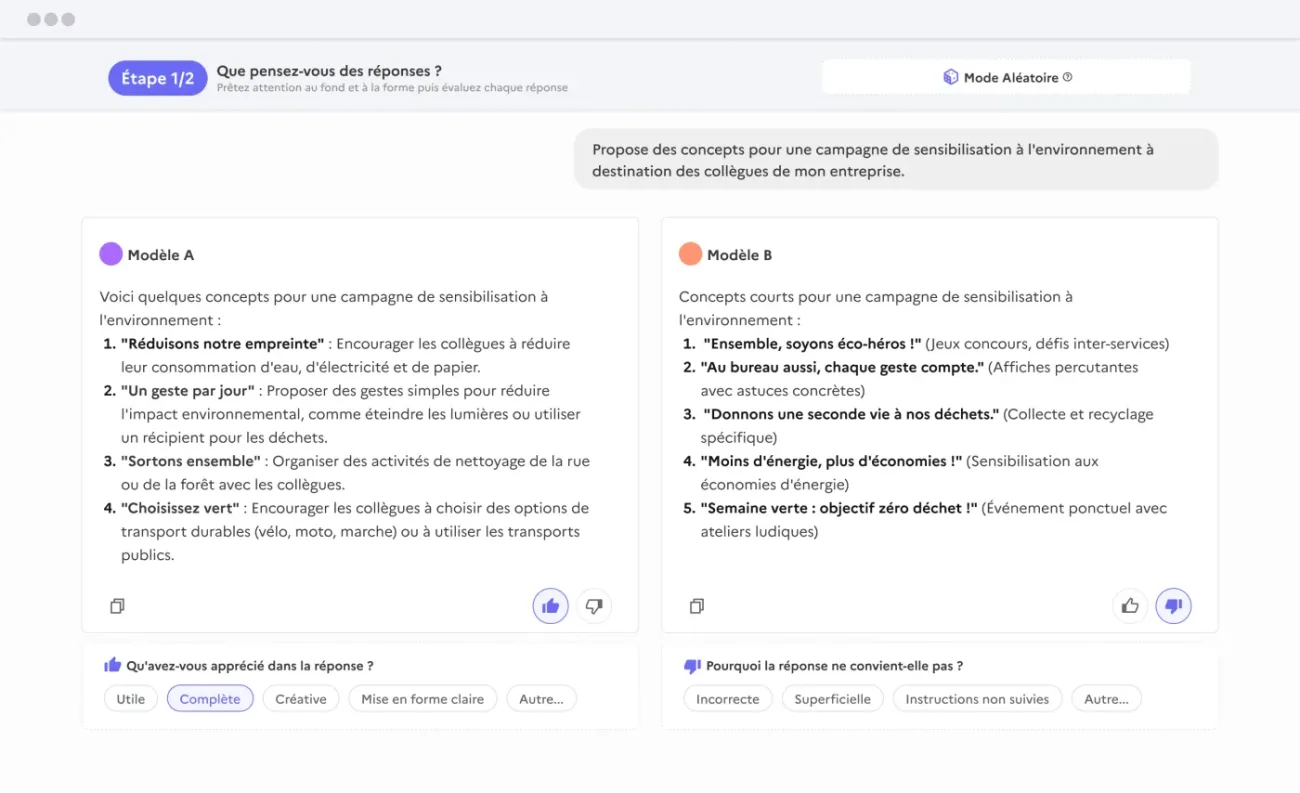 Capture d'écran de l'arène compar:ia, avec la question initiale, les deux réponses des modèles et les boutons de vote.